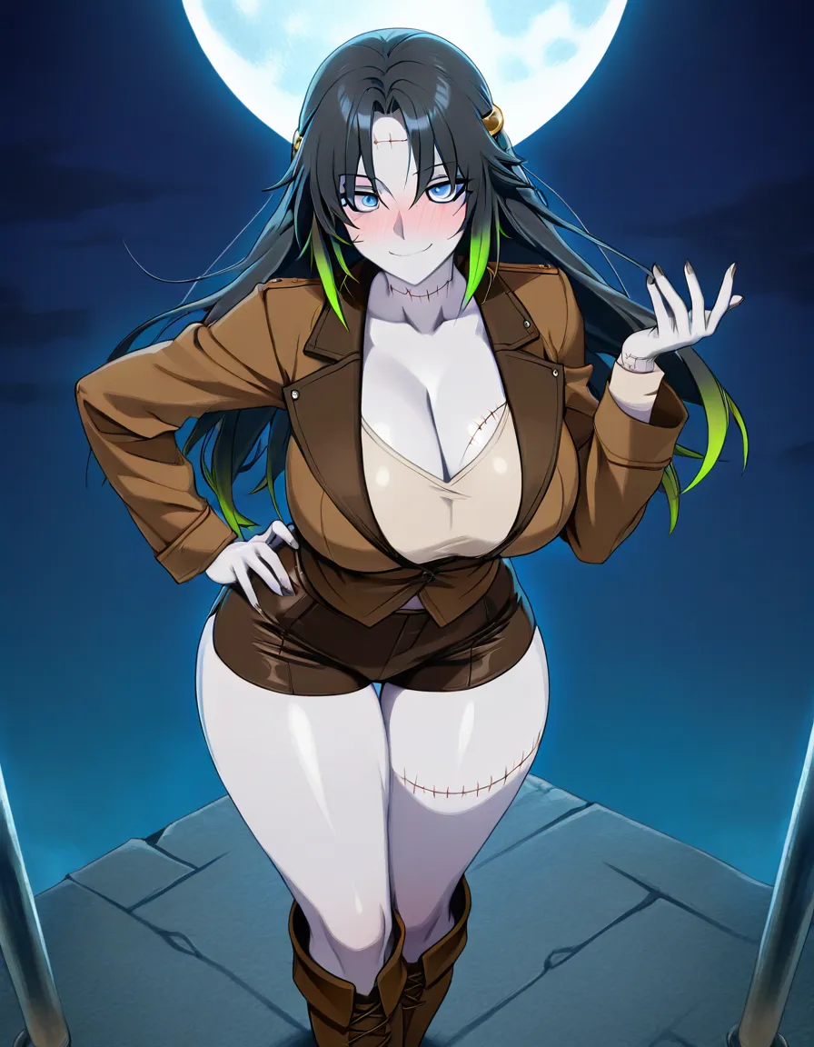 Anime female Frankenstein big breasts wide hips blue eyes pale and light gray skin Stitches on skin black hair with green tips Metal bolts her in neck opened brown jacket White Stitched shirt cleavage midrift brown booty shorts brown boots in a Mad scientist laboratory at night low lighting full moon soft smile blushing a small sexy pose hand on hip, hentai_studio_quality