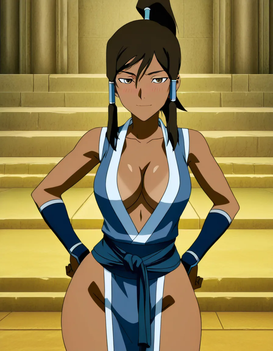 Anime legend of korra korra big breasts wide hips brown eyes tan skin dark brown hair ponytail blue Revealing Female ninja outfit with white highlights deep Cleavage in a water temple sun set low lighting soft smile blushing a little sexy pose hand on hip, hentai_studio_quality, (anime style:1.3), 2d, anime screencap, cel shading, flat color