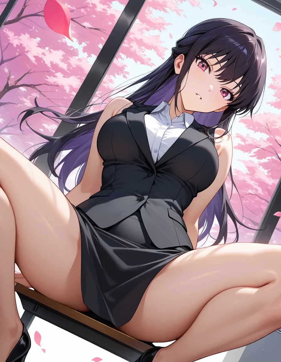 highres, vivid, office lady, buttons, sleeveless, spread legs, petals, vivid anime colors, hentai_studio_quality