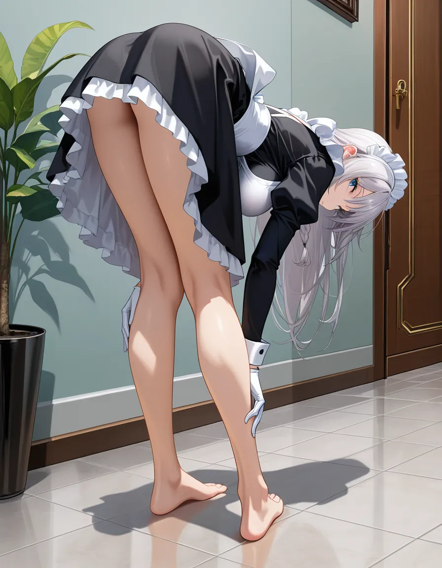 masterpiece, best quality, maid, barefoot, white gloves, bent over, soft cel shading, hentai_studio_quality
