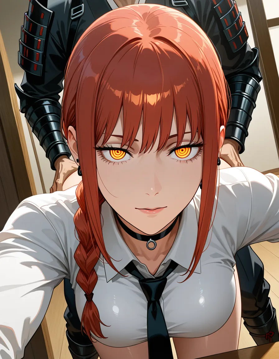 studio quality, sharp focus, milf, earrings, doggy style, film, japanese_armor, choker, solo_focus, @makima_(chainsaw_man), hentai_studio_quality