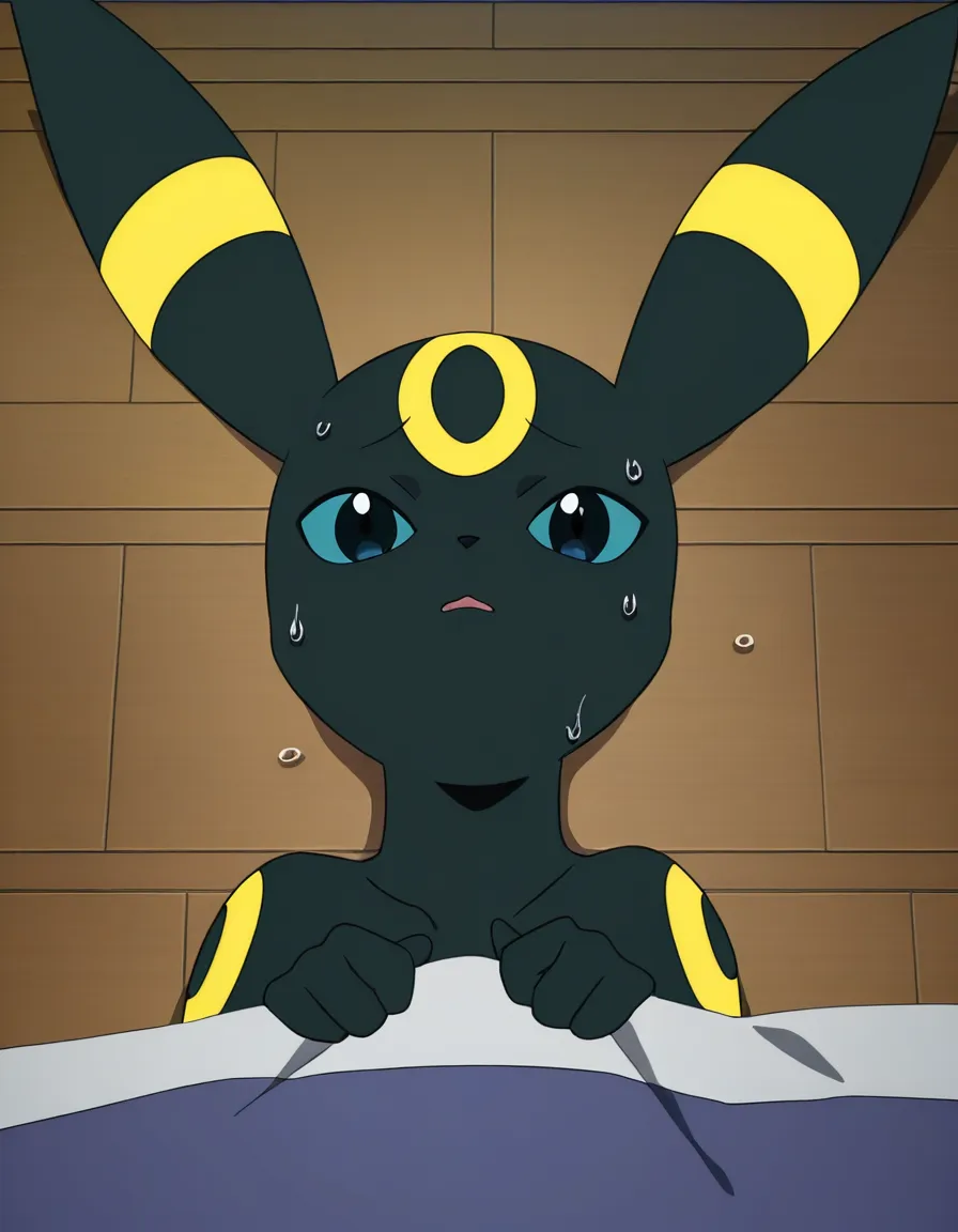 @umbreon lying on_bed looking_at_viewer nervous nervous_sweating x-ray full_moon on_back wooden_floor bedroom (anime style:1.3), 2d, anime screencap, cel shading, flat color, (anime style:1.3), 2d, anime screencap, cel shading, flat color