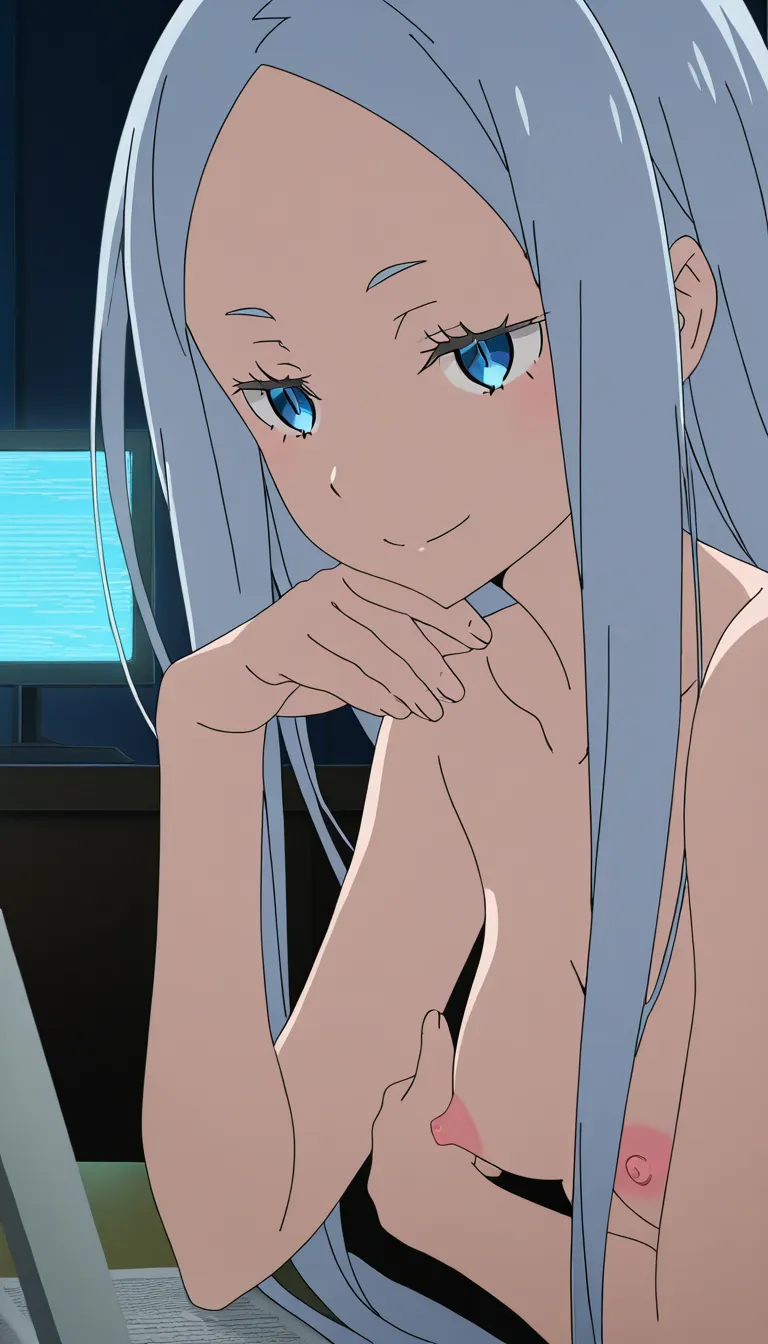 pandora from re:Zero kara Hajimeru Isekai Seikatsu , She’s sitting at the desk, one hand resting on her chin, the other hand exposing one breast, one nipple.,, (anime style:1.3), 2d, anime screencap, cel shading, flat color
