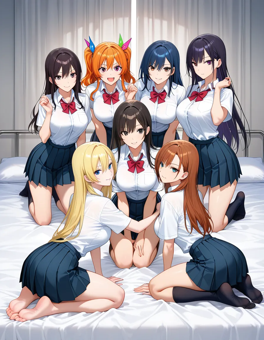 highres, vivid, 5girls, pleated skirt, kneeling on bed, full body, manga panel look, hentai_studio_quality