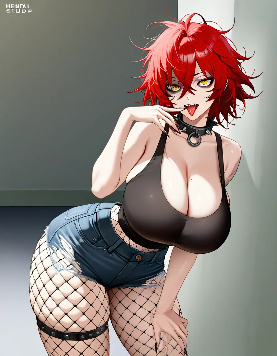 masterpiece, best quality, solo female, cleavage, ultra detailed shading, messy_hair short_hair red_hair yellow_eyes spiked_collar torn_clothes black_tank_top pale_skin huge_breasts thick_thighs tight_clothes piercing fishnets wide_hips narrow_waist short_shorts denim_shorts long_fingernails tongue, hentai_studio_quality