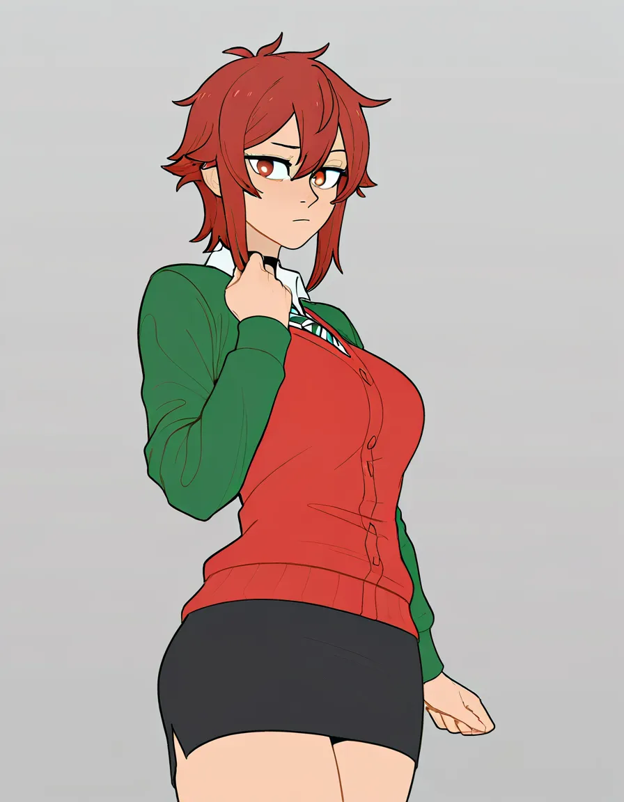 Aizawa Tomo from tomo-chan wa onna no ko!, 1girl, solo, (xerox_line_art), @incase, Cel-shaded, smooth gradients, soft_shading, (mature_female:1.0), (milf), high_ponytail, bimbo, medium_big_breasts, grey_pencil_skirt, long_skirt, unbuttoned white blouse collar, wide_hips, muscular_female, muscular_thighs, frown_face, angry,  looking_down_at_viewer, hands on hips, kitchen,, hentai_studio_quality