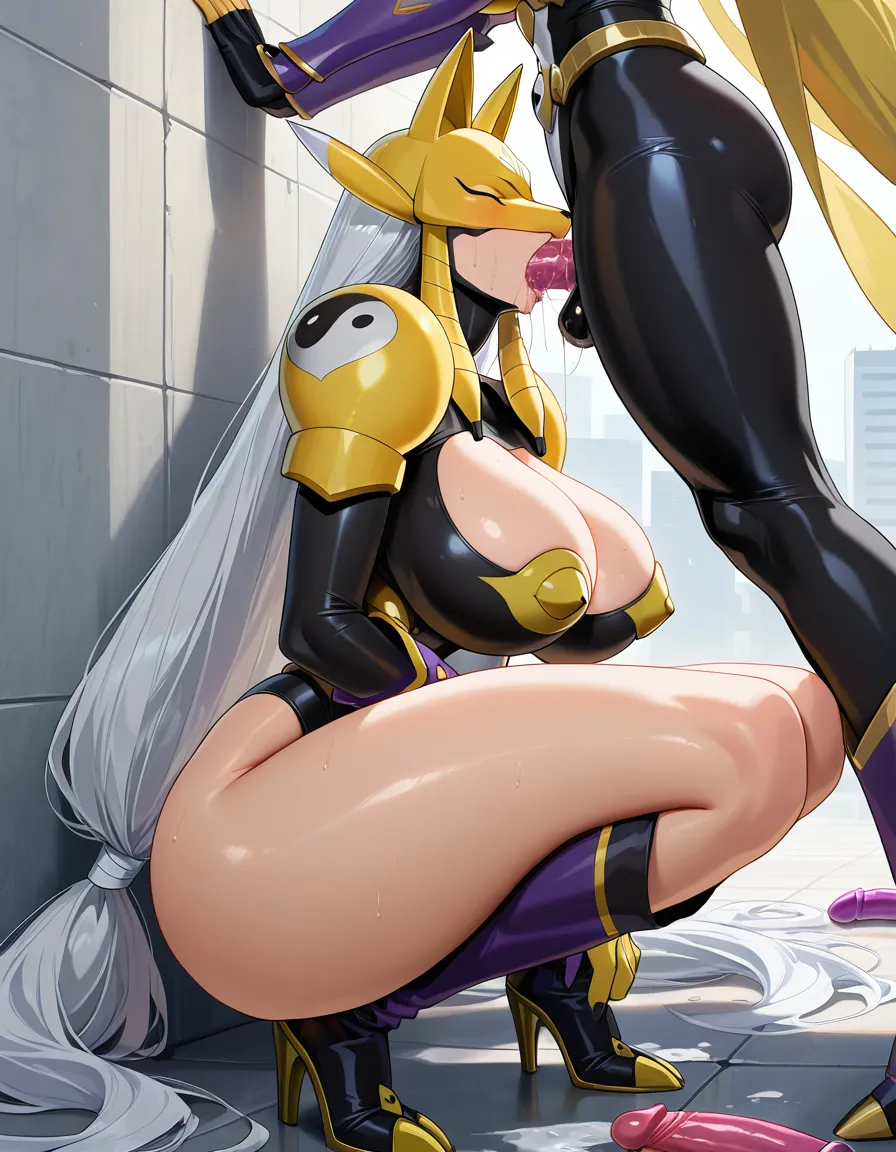 masterpiece, clean art, best_quality, highly_detailed, sakuyamon, thick_thighs, large_breasts, long_legs, very_long_hair, white_hair, twintails, hentai_studio_quality, dildo_in_mouth, sucking_dildo, deepthroat, saliva, sloppy, messy, fellatio, ahegao, office_lady, cameltoe, high_heels, thighhighs, microskirt, pussy_juice, kneeling, hentai_studio_quality, yuri, 2girls, face_closeup, forced_orgasm, squirting, 2girls, yuri, femsub, office_lady, strap-on, aesthetic, realistic, defined_legs, saliva_trail, humilliation, hentai_studio_quality