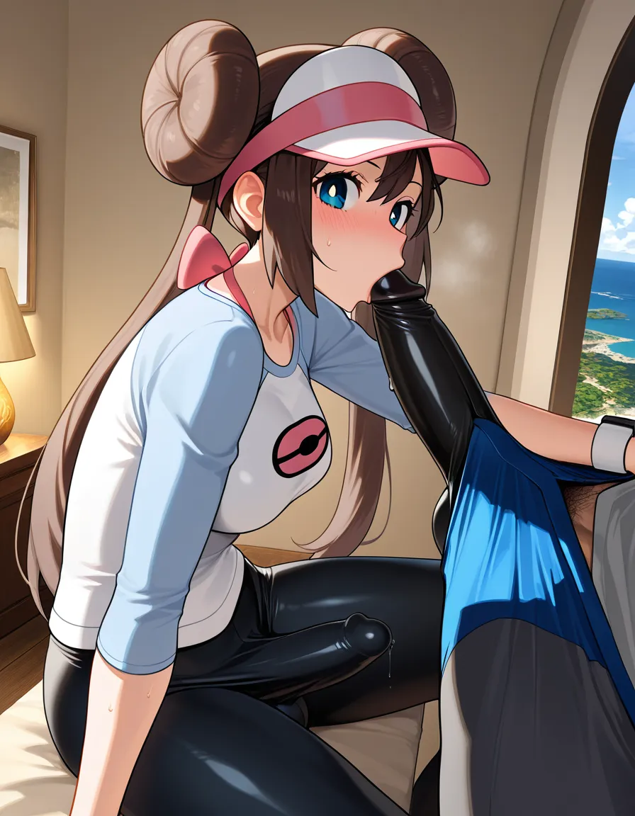 @rosa_(pokemon), detailed shading, masterpiece, futanari, erection_under_clothes, fellatio, from_side, scenic overlook. she is sucking the white male viewer's cock, hentai_studio_quality