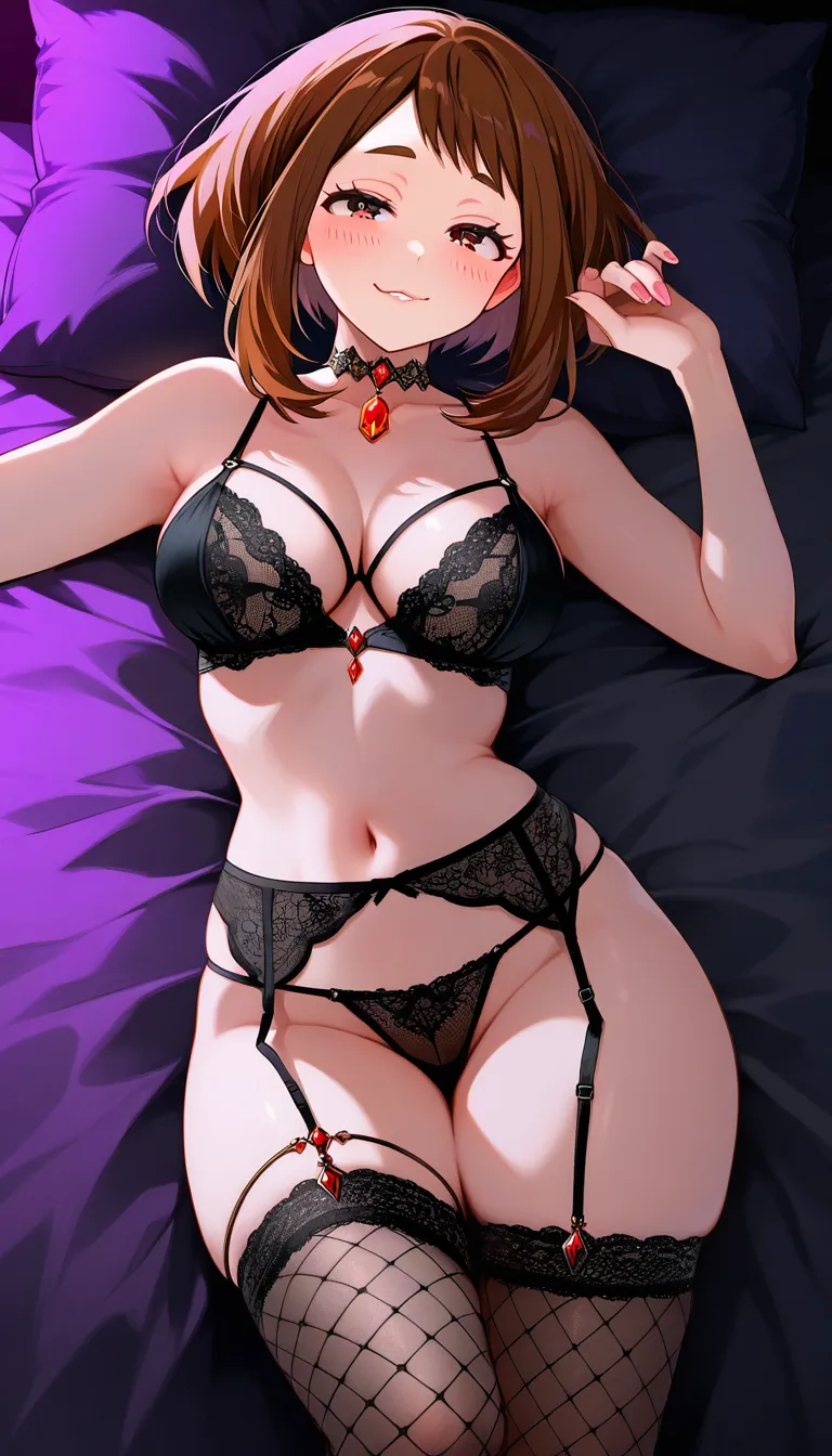 @uraraka_ochaco,18+ , perfect body,rounded hips,  detailed body, medium_breasts , lying on back on bed in  dark bedroom,  seductive_smile , biting lips, black bra, black panties , black fishnet Stockings , black garter_belt, gem, Rhinestones, string lingerie, pursed lips, thigh accessory,, choker, leg choker, arms choker,  night, night sky light, soft light, smooth light,  night light in bedroom, seductive_pose,  after_sex, hentai_studio_quality