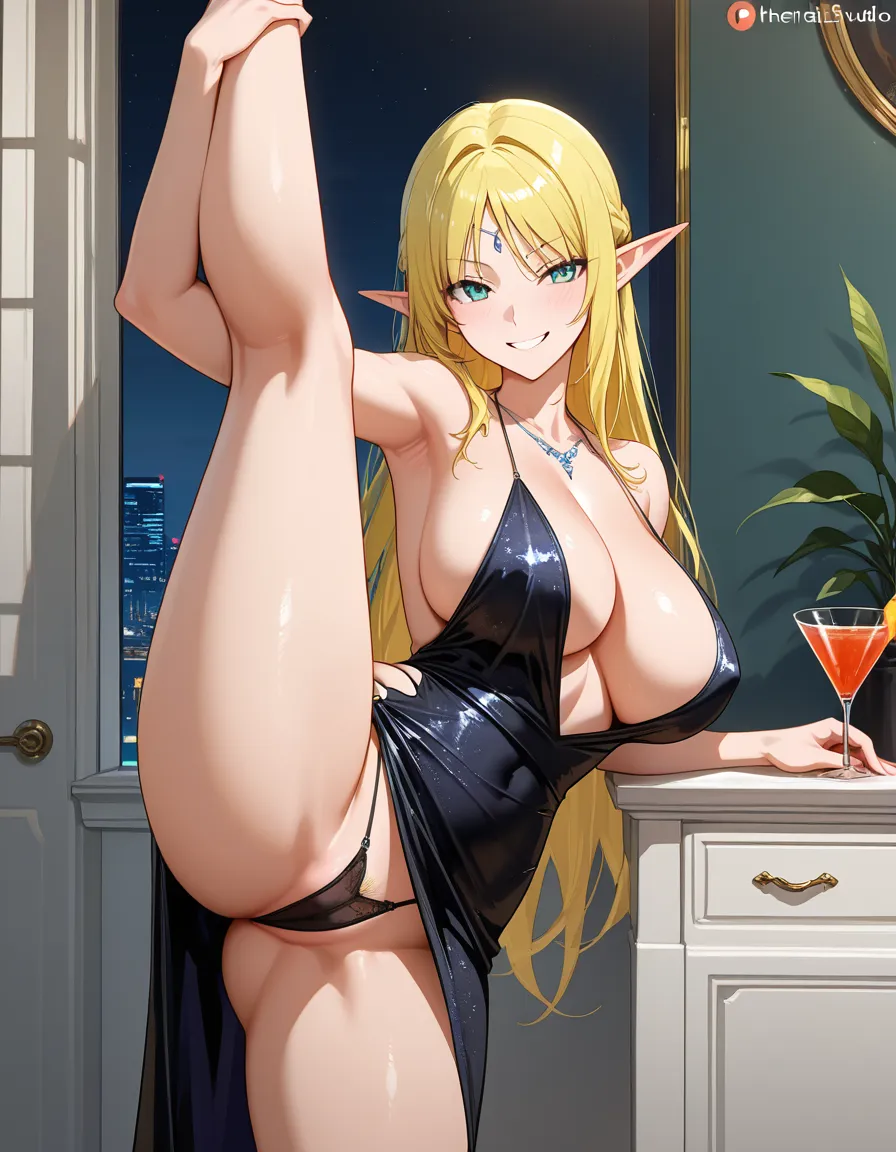 masterpiece, fine detail, elf girl, cocktail dress, leg up, teasing grin, explicit anime render, hentai_studio_quality