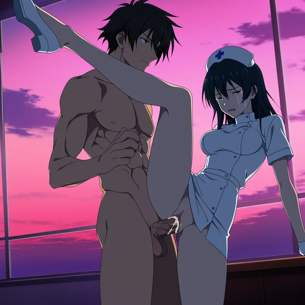 best quality, polished, nurse, abs, shoes, leg up, sky, mysterious vibe, eroge aesthetic, creampie, crying, (anime style:1.3), 2d, anime screencap, cel shading, flat color