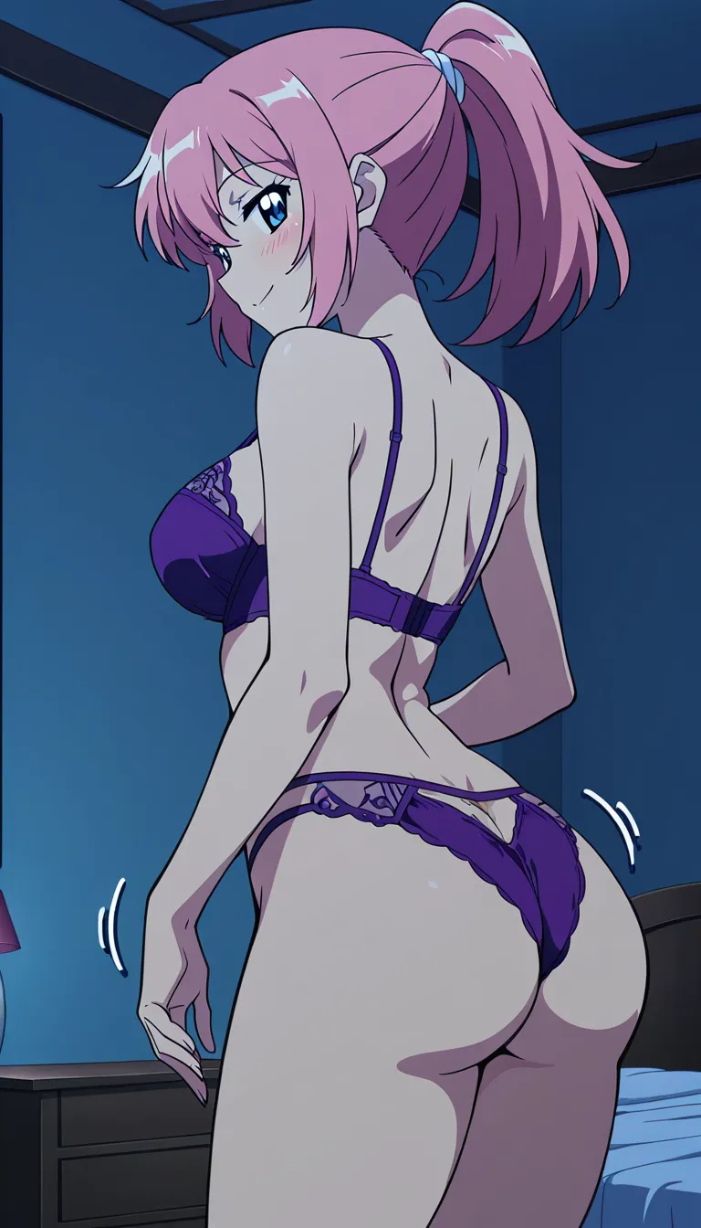futanari, ass_focus, purple lingerie, pink_hair, ponytail, looking_at_viewer , blush, seductive_smile, blue_eyes, wide_hips, bedroom, night, bounce, wiggle