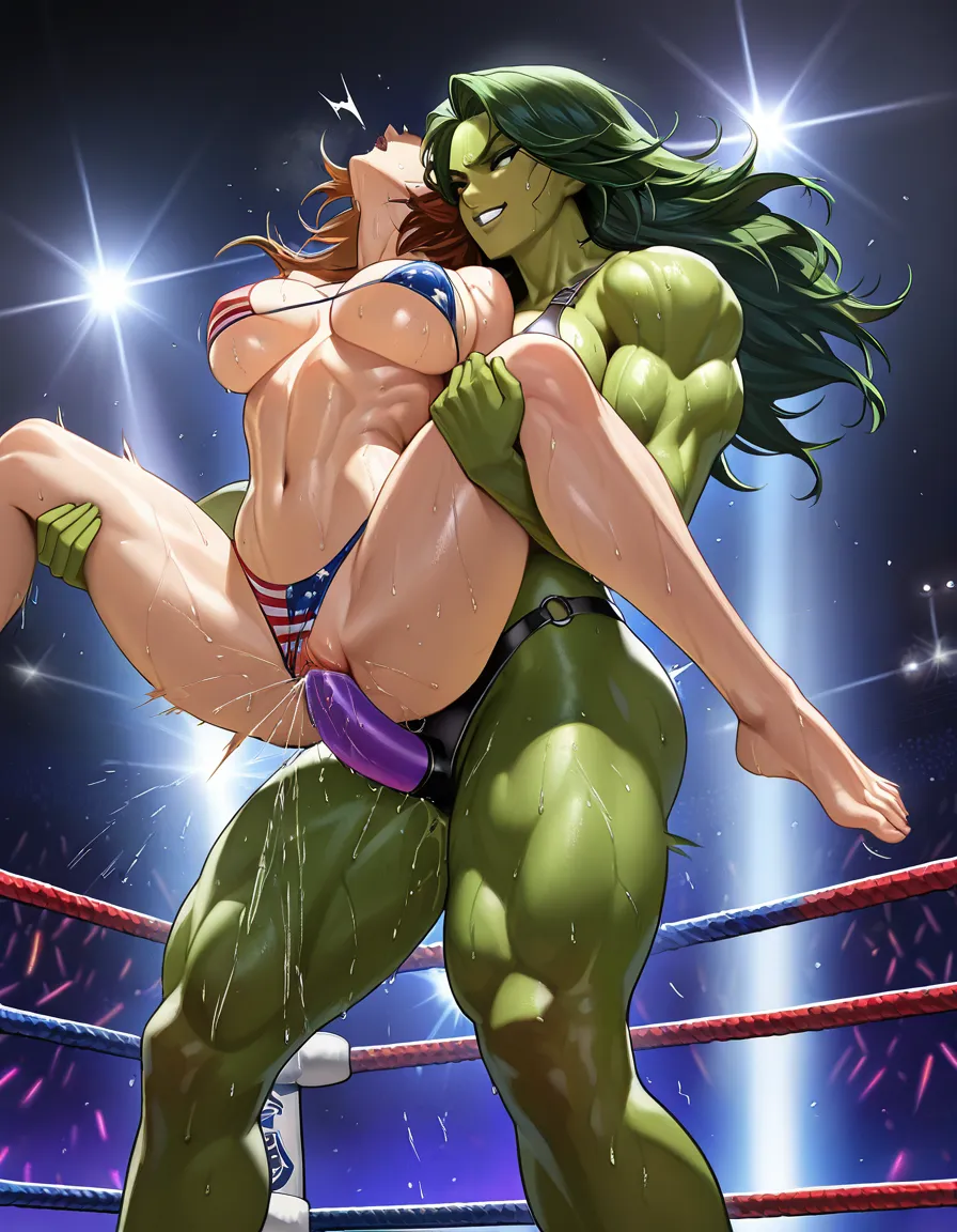 2girls , Best_quality, ultra_detailed, from_side , tina_armstrong_(dead_or_alive)-american_flag_bikini, she-hulk  , strap-on suspended_congress , yuri sex ,wrestling_ring wrestling defeated, pussy_juice squirting orgasm , sweat,, hentai_studio_quality