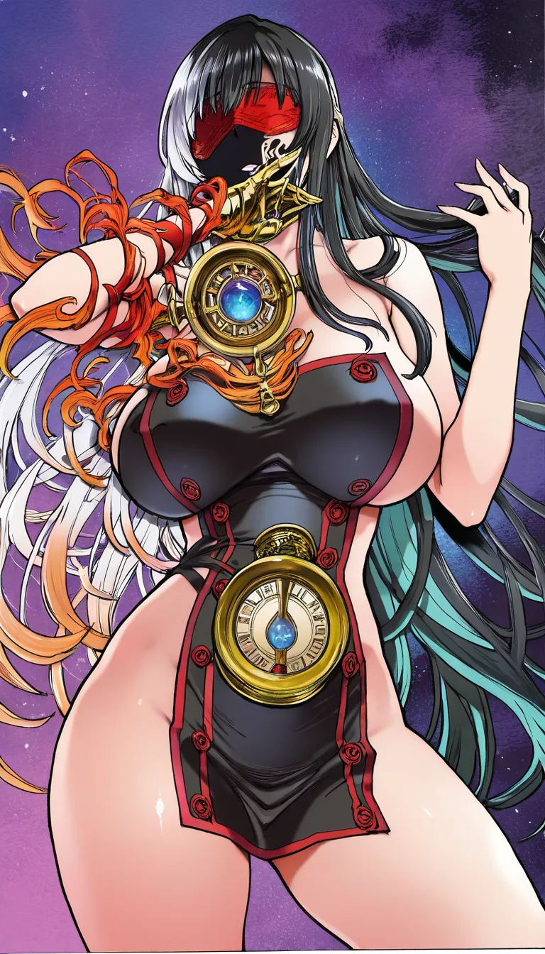 Art by Shiwasu no Okina, masterpiece, best quality, ultra-detailed, refined, polished, rich colors, manga page, multi-panel layout. Panel 1: A married woman with long black hair, wearing a blindfold, has a large-breasted, hourglass figure; she is naked and enjoying the fact that she cannot see. Her hair is disheveled, and her body sways. A man with brown hair and a lean, muscular build grins as he engages in the cowgirl position (woman on top), thrusting his hips; the setting is a bed in a hotel room. Panel 2: The woman arches her back in the cowgirl position, reaching the peak of pleasure (the blindfold slips off). The man wears an expression of intense pleasure; he ejaculates inside her (creampie). The setting is on the bed. Panel 3: The woman realizes that the man she is having sex with is not her husband; she is flustered and shocked, yet unable to resist the pleasure, she finds herself enjoying it. The man, in the cowgirl position, thrusts his hips upward. The setting is on the bed. Panel 4: Now without the blindfold, the two are lost in the act of sex on the bed. Dynamic composition, Japanese sound effects, Japanese speech bubbles., hentai_studio_quality