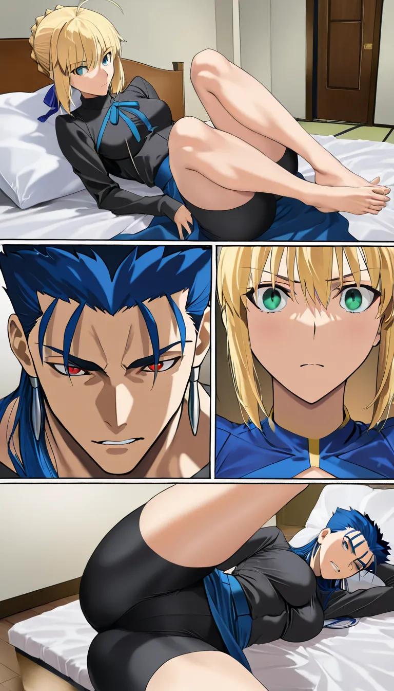 Masterpiece, best quality, ultra-detailed, detailed background, manga-style 4-panel layout, 4 scenes, Fate/stay night, Saber (Artoria Pendragon), Cú Chulainn, rich colors.
Scene 1: Cú Chulainn sits authoritatively on the edge of a bed with his feet on the floor and his legs spread; Saber is kneeling on the floor, performing fellatio on him. Scene 2: The woman is sucking the penis vigorously. Scene 3: The man wears an expression of intense pleasure. Scene 4: The man, with a smirk, ejaculates deep inside the woman’s mouth; she swallows the semen deposited deep in her throat. Includes Japanese sound effects, speech bubbles, and dialogue., hentai_studio_quality