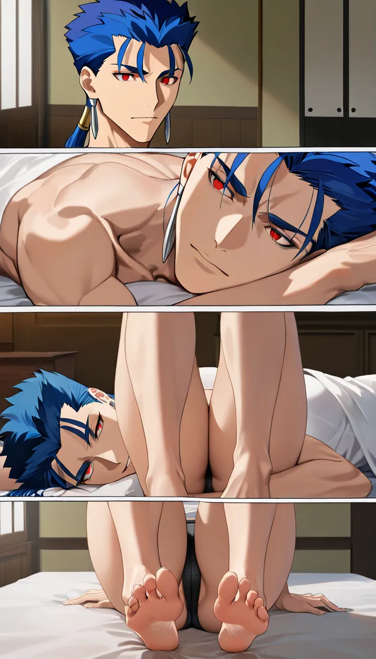Masterpiece, best quality, ultra-detailed, detailed background, manga-style 4-panel layout, 4 scenes, Fate/stay night, a woman (Saber/Artoria Pendragon) and a man (Cú Chulainn), rich colors.
Scene 1: A man sits authoritatively on the edge of a bed with his feet on the floor and his legs spread; a woman kneels on the floor, performing fellatio on him. Scene 2: The woman is vigorously sucking his penis. Scene 3: The man wears an expression of intense pleasure. Scene 4: The man, wearing a smirk, ejaculates deep inside the woman’s mouth; she swallows the semen deposited deep in her throat. Includes Japanese sound effects, speech bubbles, and dialogue., hentai_studio_quality