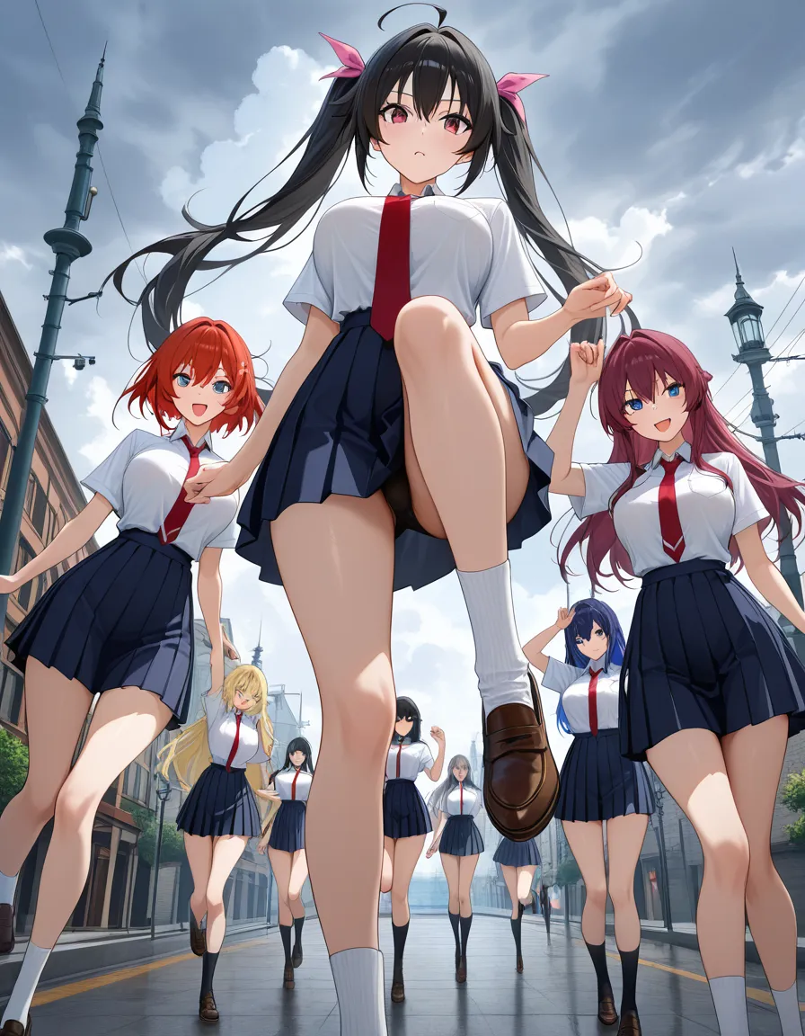 absurdres, highres, 6+girls, hourglass figure, socks, leg up, cloudy sky, playful expression, eroge aesthetic, hentai_studio_quality