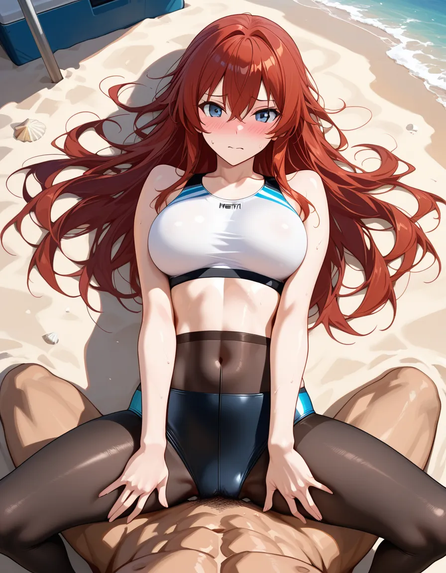 masterpiece, best quality, fitness model, bare arms, pantyhose, missionary, beach, submissive blush, eroge aesthetic, hentai_studio_quality