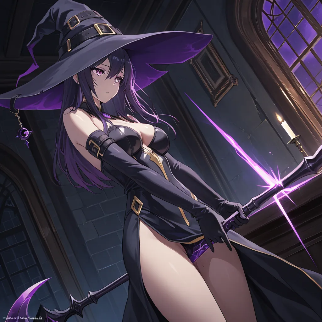 highly detailed, sharp, witch, weapon, masturbation, dreamy atmosphere, dutch angle, anime style, hypnotic