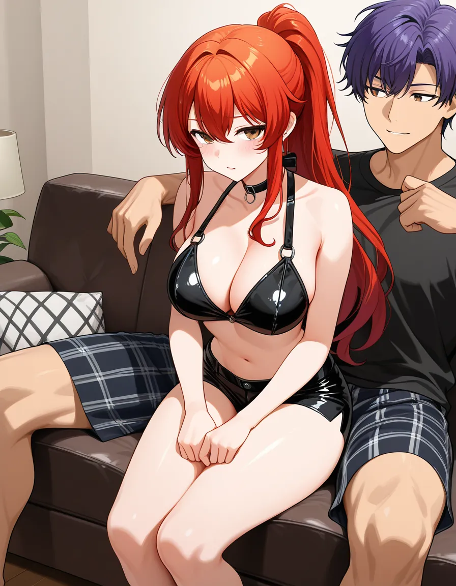 Korean couple in the living room on the on_couch , boyfriend only wear boxers, girlfriend wear stripper outfit as she try to suck her boyfriend dick thru the boxers, hentai_studio_quality