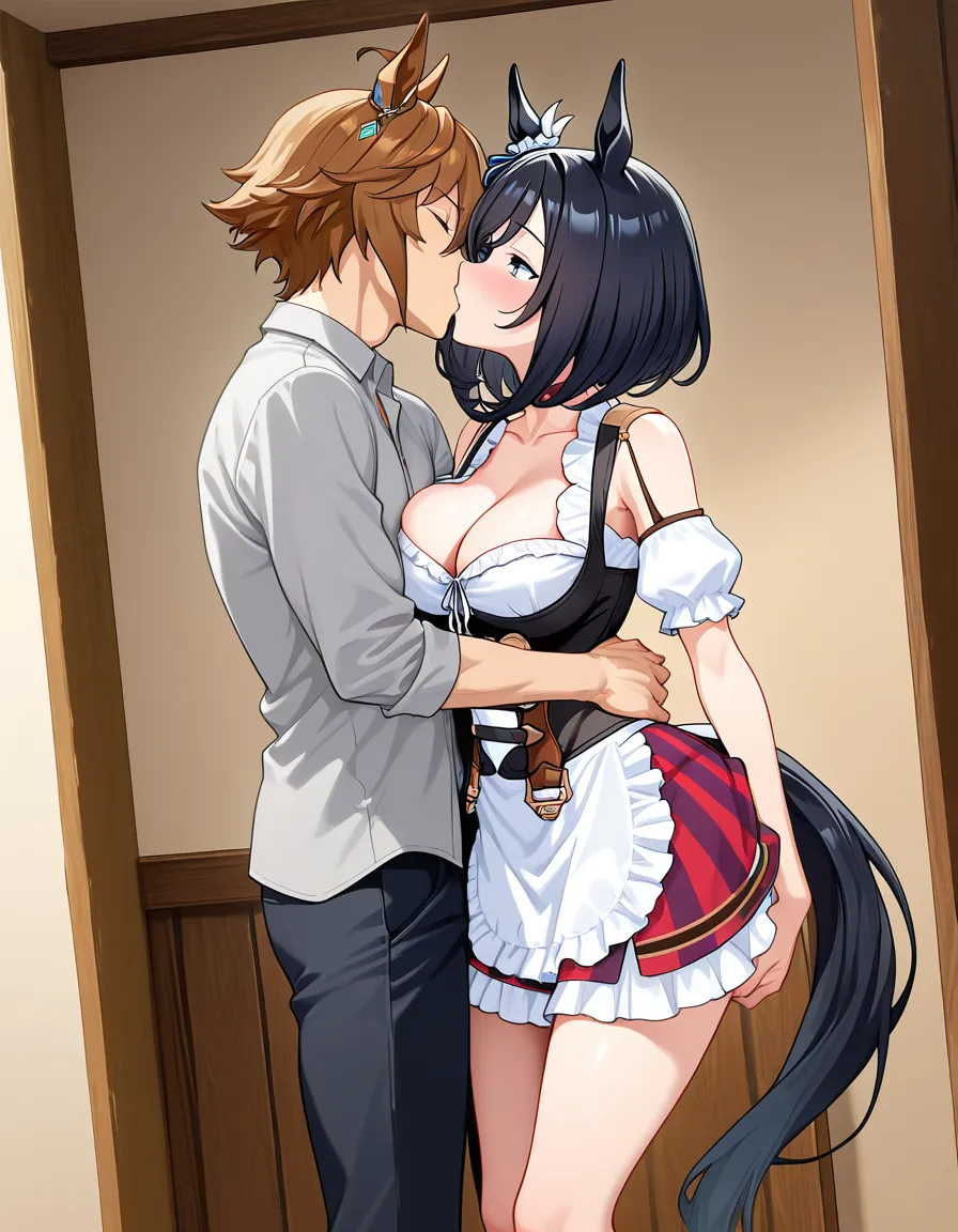 /masterpiece /ultra_detailed absurdres outline eishin_flash_(umamusume) dirndl dirndl dirndl_dress dirndl_dress miniskirt suspended_congress french_kiss, hentai_studio_quality