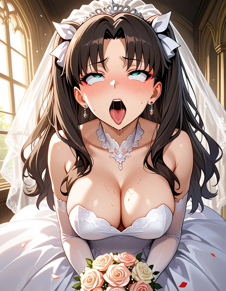 @tohsaka_rin , wedding_dress , bridal_veil , ahegao , messy_hair , makeup, hentai_studio_quality