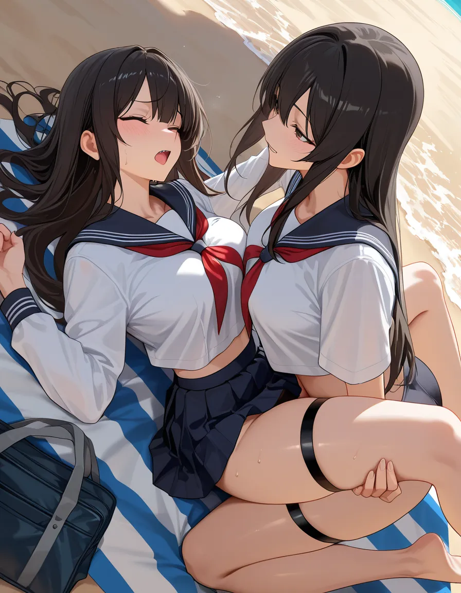 highly detailed, sharp, school_uniform , missionary, thigh strap, beach, detailed shading, futa_with_female, hentai_studio_quality, hentai_studio_quality