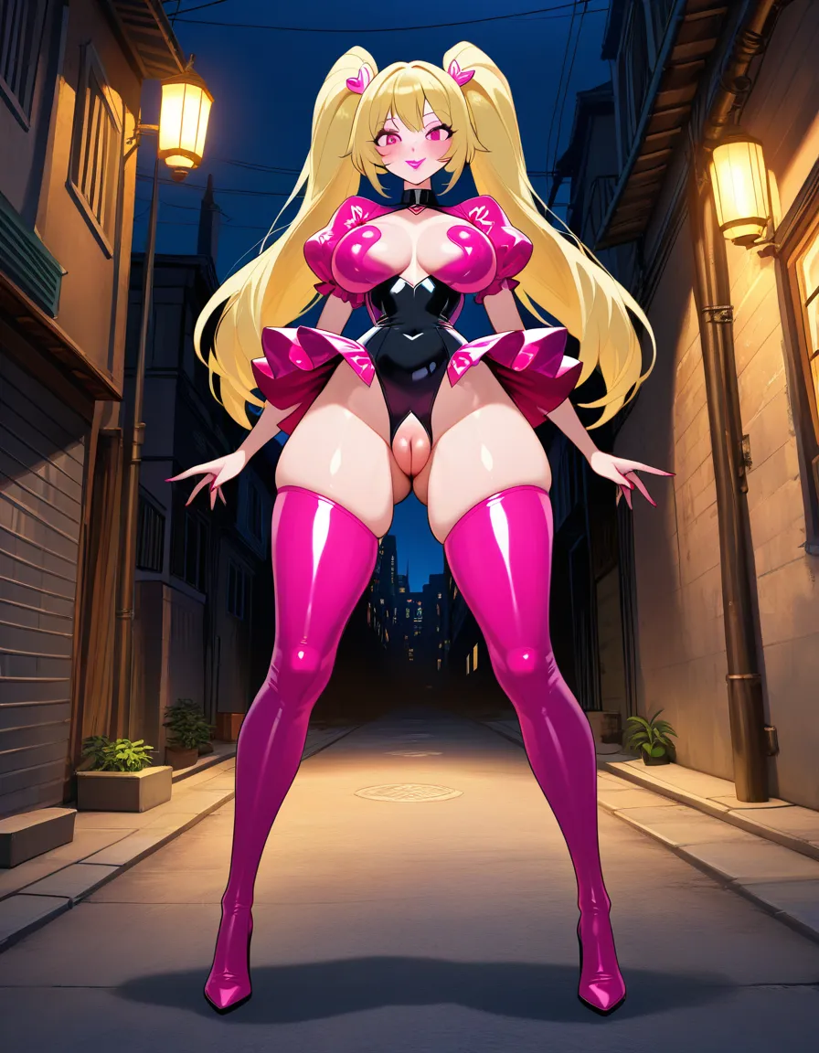 High quality, One character, happy go lucky bimbo girl in a back alley at night, facing forward standing upright, long blonde hair, twintails, pink eyes, giant puffy filled bimbo lips, pink lipstick, giant breast, small waist, huge giant ass, protruding pussy, long petite sexy legs, sexy bimbo clothes, (scene: in the back of a alley way at night), (pose: staring forward slightly positioned down knees going apart while both hands are doing peace signs), hentai_studio_quality