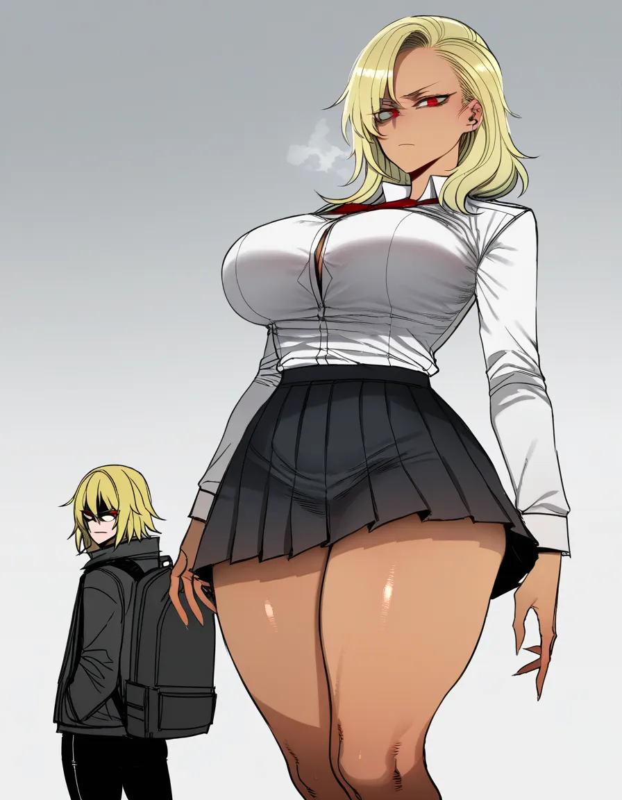 Blonde hair, red eyes, tan skin, huge, round breasts, thick thighs, school blouse, black skirt, backpack, cold and serious face, white background. 

[ratatatat74] Bad Ending Party,, hentai_studio_quality, hentai_studio_quality