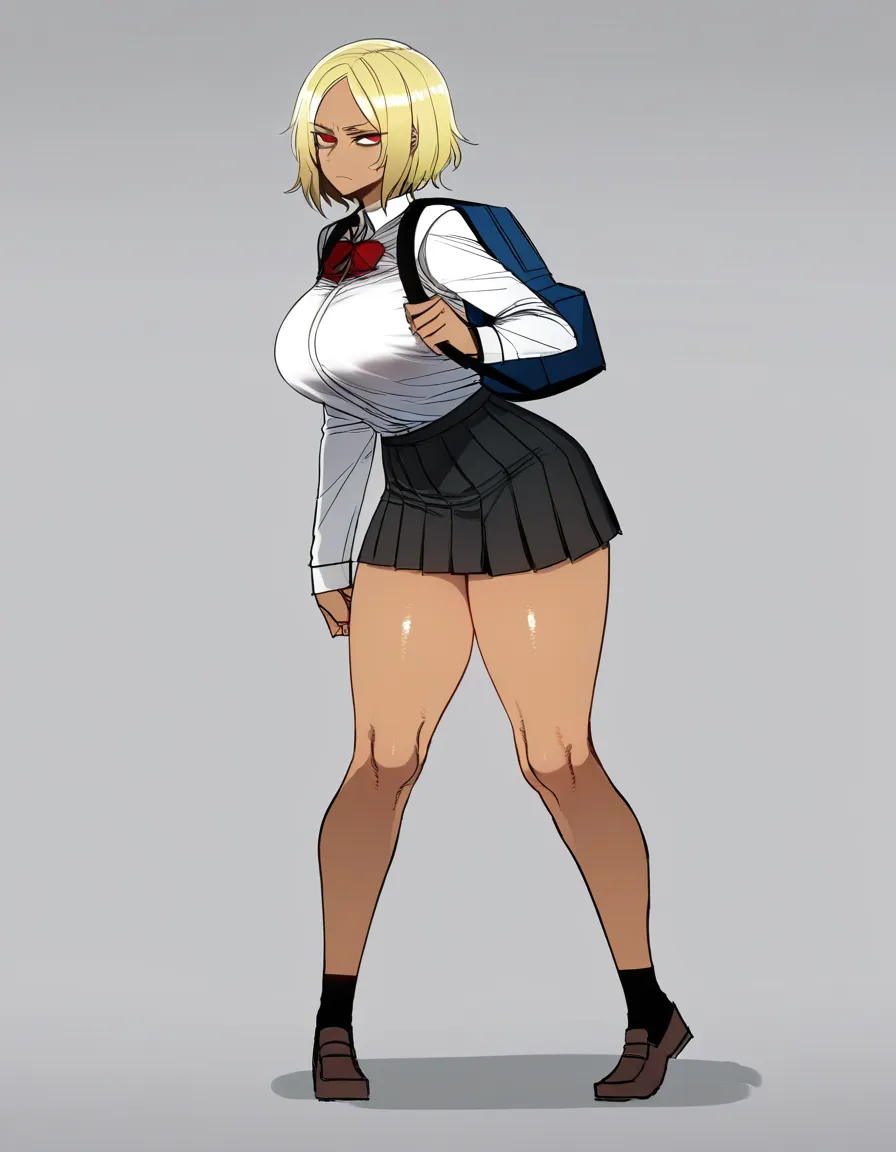 Blonde hair, red eyes, tan skin, huge, round breasts, thick thighs, school blouse, black skirt, backpack, cold and serious face, white background. 

[ratatatat74] Bad Ending Party,, hentai_studio_quality, hentai_studio_quality, hentai_studio_quality