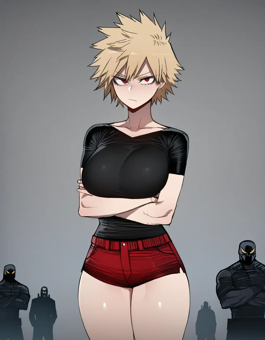 Mitsuki Bakugo, My Hero Academia, Tight black short shirt, red shorts, thick thighs and huge breasts, 1 woman, solo focus, arms crossed, serious look, white background 




[ratatatat74] Bad Ending Party,, hentai_studio_quality, hentai_studio_quality, hentai_studio_quality