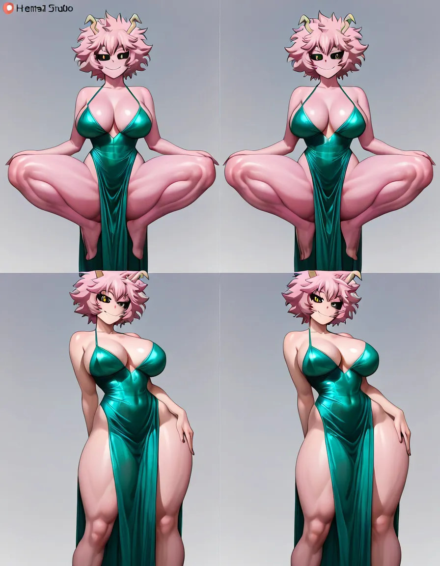 Ashido mina from the anime Boku no Hero Academia, large breasts, thick thighs, tight green dress that reaches her legs, sensual standing pose, white background, smile, pink body 

#ultra-detailed anime, hentai_studio_quality, hentai_studio_quality, hentai_studio_quality, hentai_studio_quality, hentai_studio_quality, hentai_studio_quality, hentai_studio_quality, hentai_studio_quality, hentai_studio_quality, hentai_studio_quality, hentai_studio_quality, hentai_studio_quality