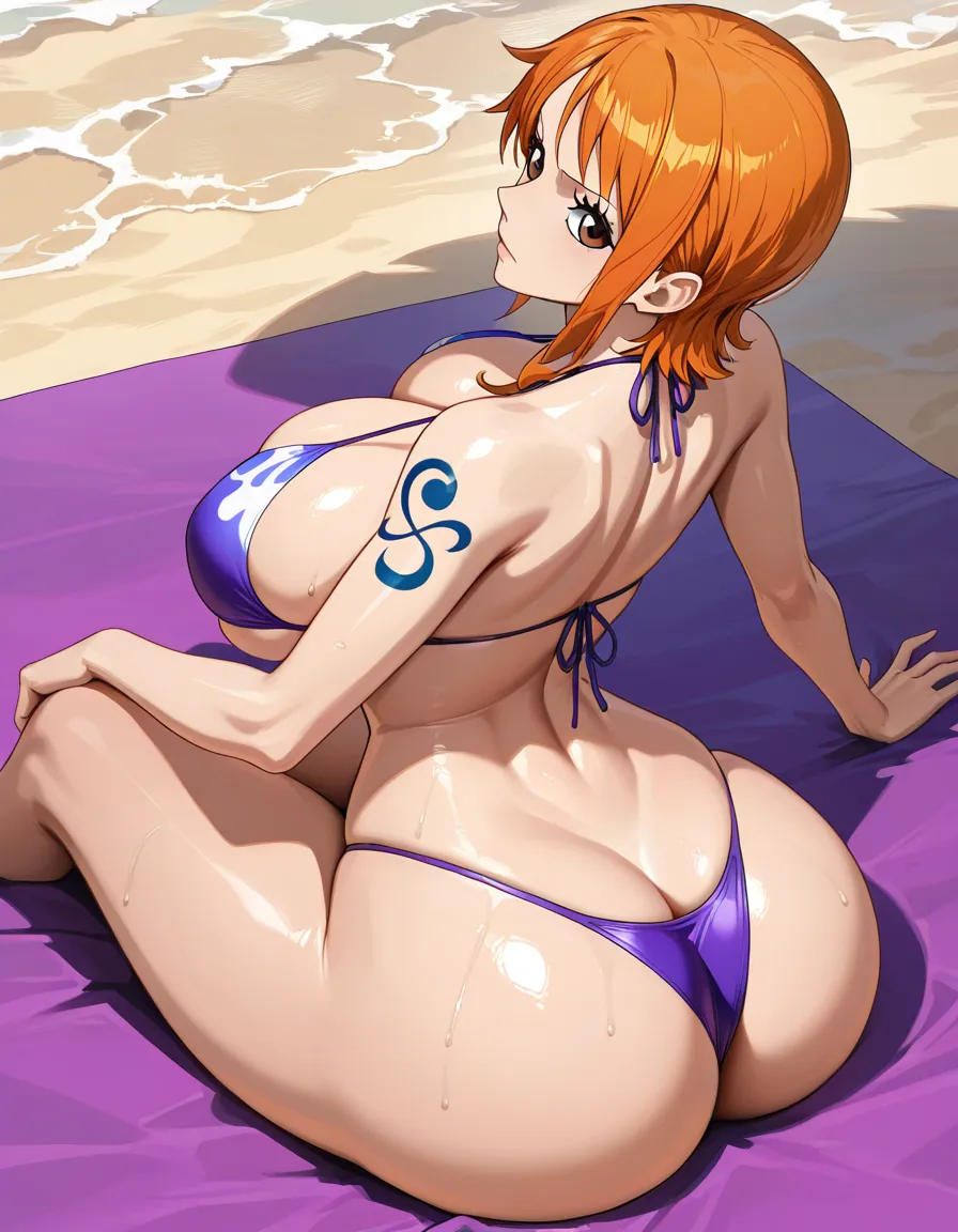Nami from One Piece, Large, big breasts, large thighs and buttocks, tight, thin purple bikini, sitting on the beach. 

ultra-detailed, sharp focus, 8k, absurdres, very detailed, high resolution, illustration, ultra-detailed, 8k, high quality, XL ILLUSTRATION, hentai_studio_quality, hentai_studio_quality, hentai_studio_quality, hentai_studio_quality, hentai_studio_quality, hentai_studio_quality, hentai_studio_quality, hentai_studio_quality, hentai_studio_quality, hentai_studio_quality, hentai_studio_quality, hentai_studio_quality, hentai_studio_quality