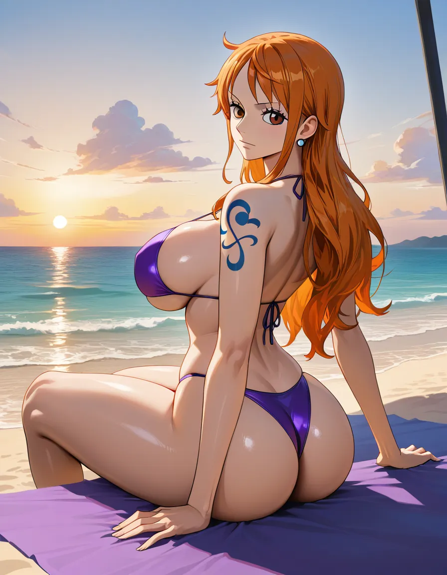 Nami from One Piece, Large, big breasts, large thighs and buttocks, tight, thin purple bikini, sitting on the beach.
ultra-detailed, sharp focus, 8k, absurdres, very detailed, high resolution, illustration, ultra-detailed, 8k, high quality, XL ILLUSTRATION, hentai_studio_quality, hentai_studio_quality, hentai_studio_quality