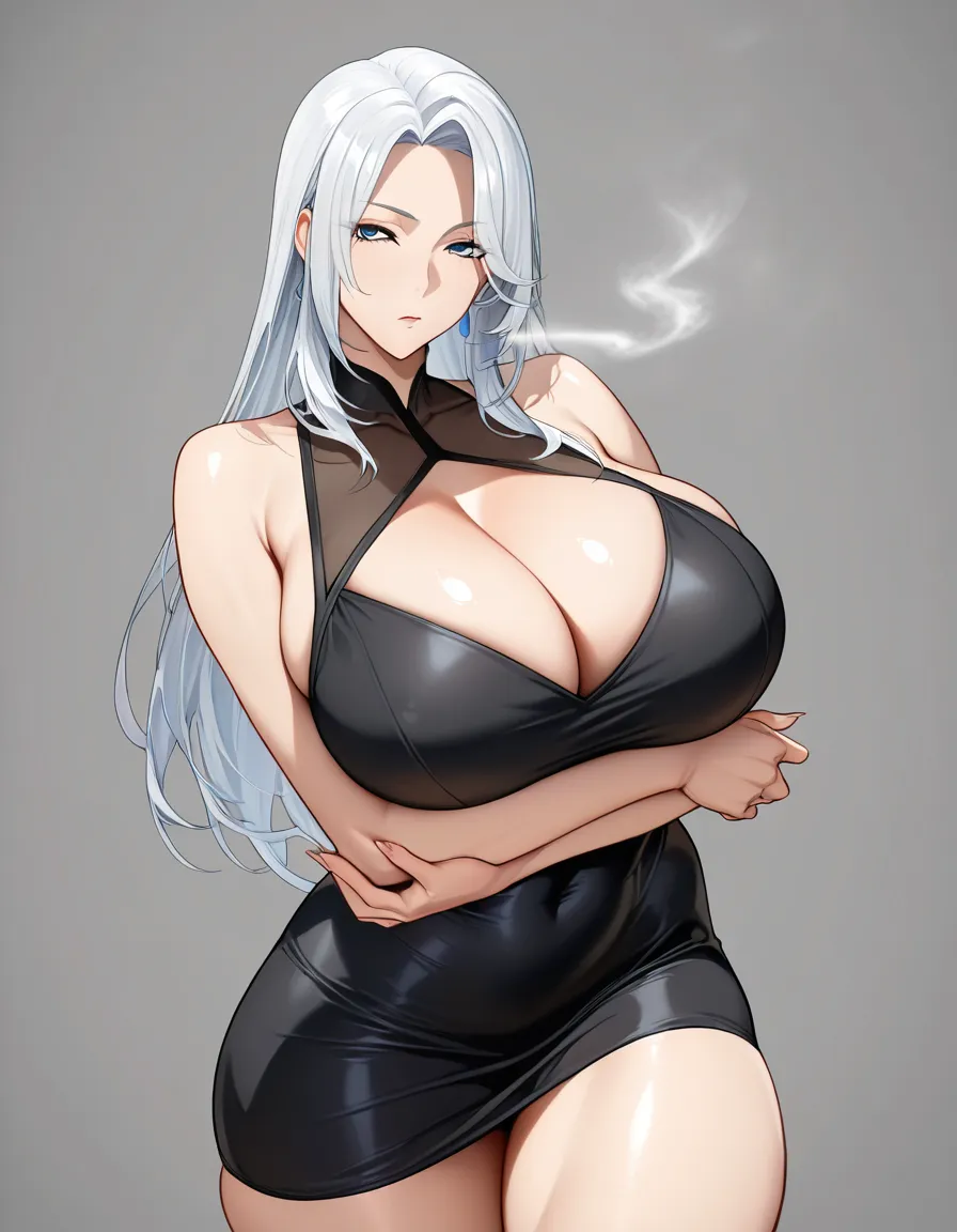 Mature female, blue eyes, white hair, huge breasts, thick thighs, mischievous look, white background, arms crossed, tight black dress that accentuates the body. 


[[STOP SMOKING]],, hentai_studio_quality, hentai_studio_quality, hentai_studio_quality