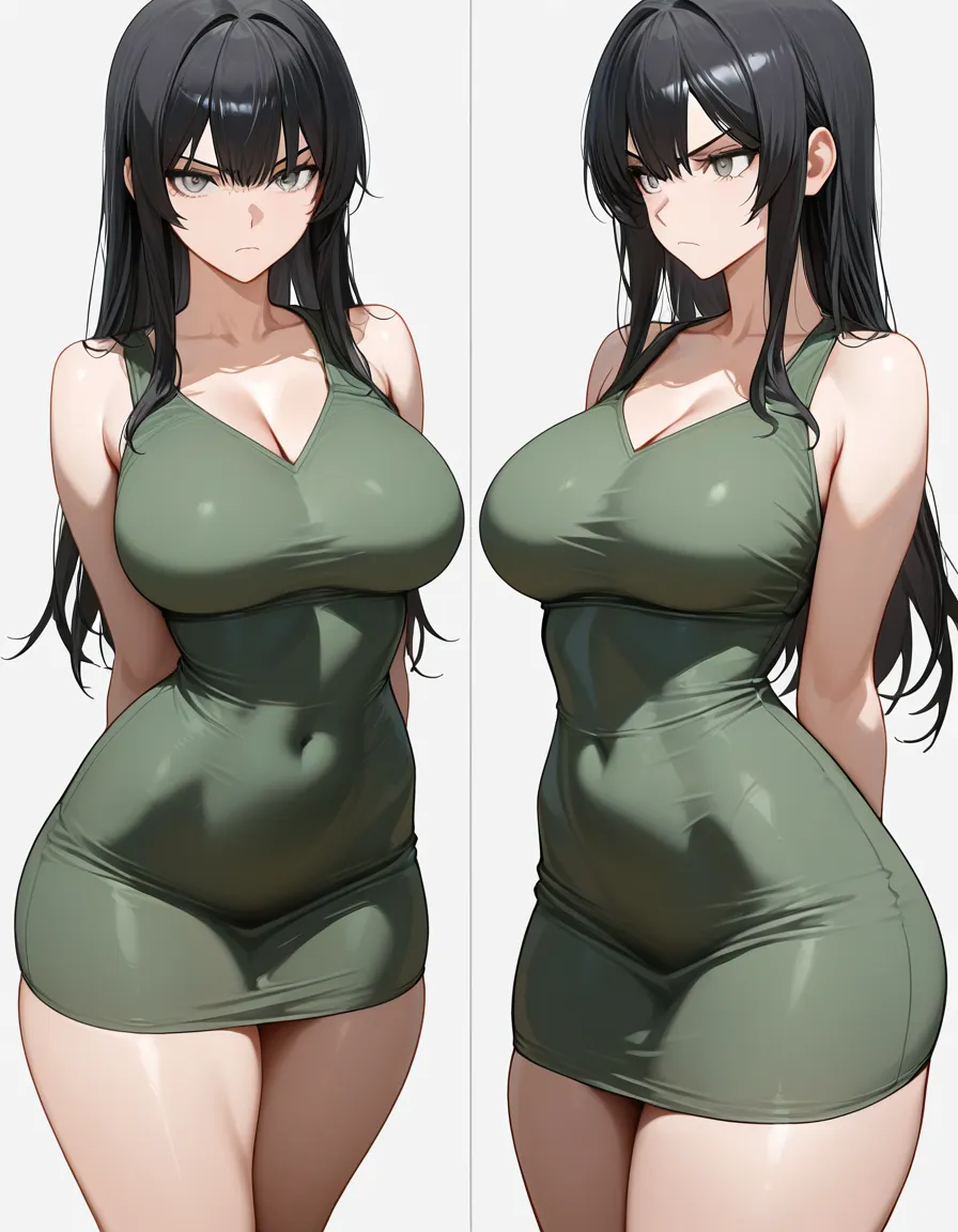 1girl , Short black hair, gray eyes, large, round breasts, thick thighs, tight green dress, arms_behind_back, serious expression, white background. 


(Masterpiece quality, ultra-detailed, sharp, waifu fanart, mega quality),, hentai_studio_quality