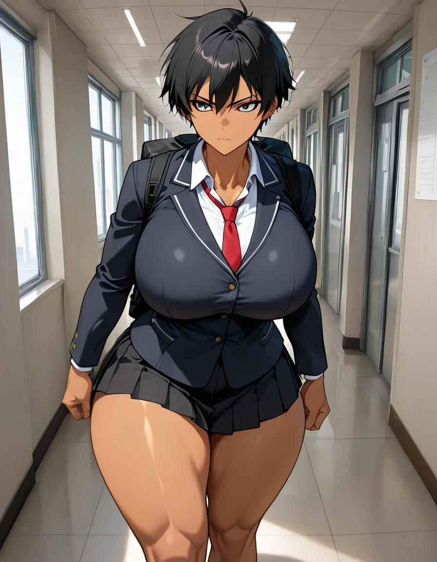 Short black hair, tan skin, tomboy, huge round breasts, thick thighs, school uniform, black skirt, black backpack, walking down the empty school hallway, serious look, athletic build. 


(Masterpiece quality, ultra-detailed, sharp, waifu fanart, mega quality), hentai_studio_quality, hentai_studio_quality, hentai_studio_quality, hentai_studio_quality, hentai_studio_quality, hentai_studio_quality, hentai_studio_quality
