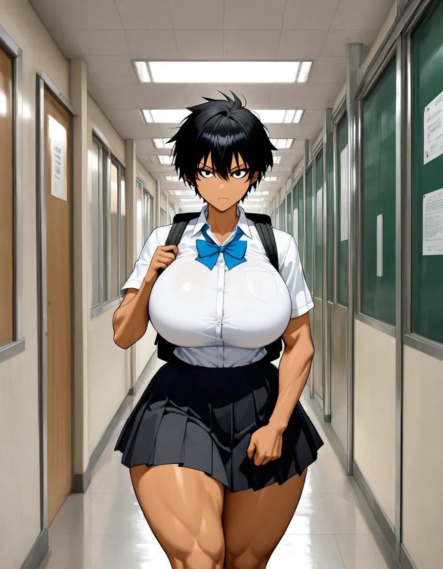 Short black hair, tan skin, tomboy, huge round breasts, thick thighs, school uniform, black skirt, black backpack, walking down the empty school hallway, serious look, athletic build, walking while holding a backpack 


(Masterpiece quality, ultra-detailed, sharp, waifu art, mega quality), hentai_studio_quality, hentai_studio_quality, hentai_studio_quality, hentai_studio_quality, hentai_studio_quality, hentai_studio_quality, hentai_studio_quality, hentai_studio_quality, hentai_studio_quality, hentai_studio_quality