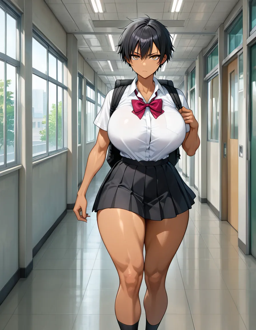 Short black hair, tan skin, tomboy, huge round breasts, thick thighs, school uniform, black skirt, black backpack, walking down the empty school hallway, serious look, athletic build, walking while holding a backpack 


(masterpiece, best quality, very aesthetic, absurdres, intricate details, highly detailed, sharp focus, vibrant colors), hentai_studio_quality, hentai_studio_quality, hentai_studio_quality, hentai_studio_quality, hentai_studio_quality, hentai_studio_quality, hentai_studio_quality, hentai_studio_quality, hentai_studio_quality, hentai_studio_quality, hentai_studio_quality