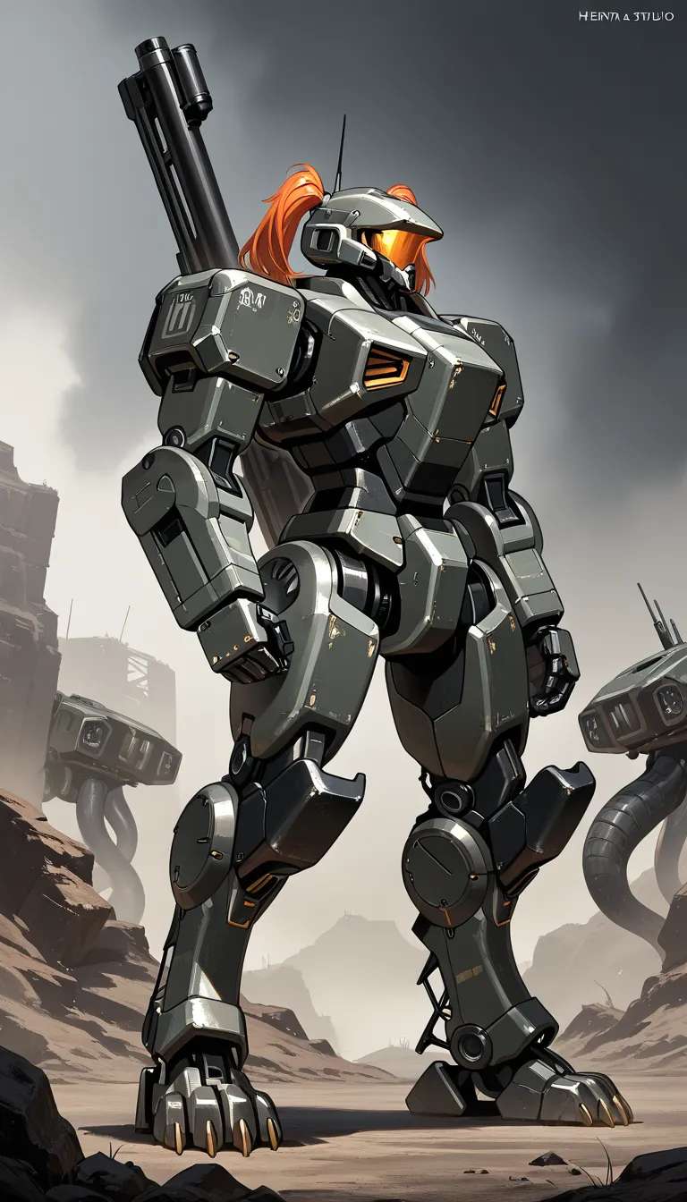mech machine guard by gate,showing up tentacle and start fuck mech machine guard.(mech machine guard,low,paws,big gun on both side up body,strong and hard)