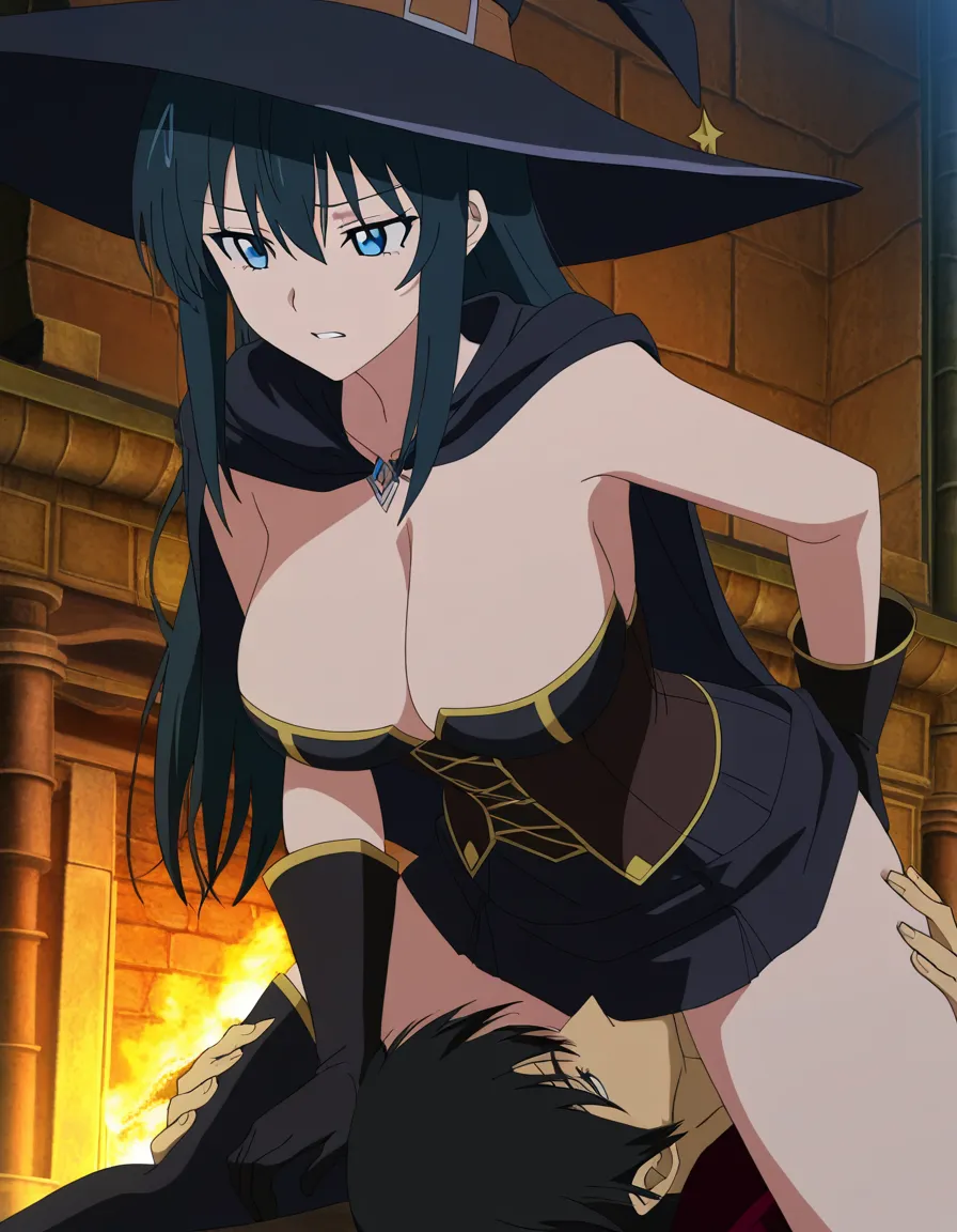 masterpiece, fine detail, witch, black hat, black hair, large breasts, black corset, black gloves, black skirt, 69 position, doujin style, (anime style:1.3), 2d, anime screencap, cel shading, flat color, @00osamio00