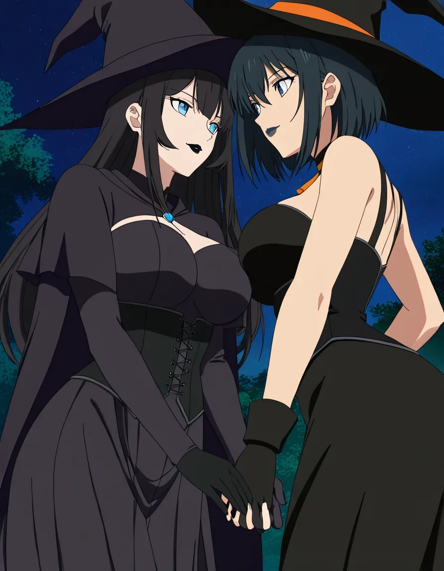 masterpiece, fine detail, 2girls, couple, witch, black hat, black hair, blue eyes, black lipstick, large breasts, black corset, black gloves, black skirt, holding hands, doujin style, (anime style:1.3), 2d, anime screencap, cel shading, flat color, @00osamio00, hentai_studio_quality