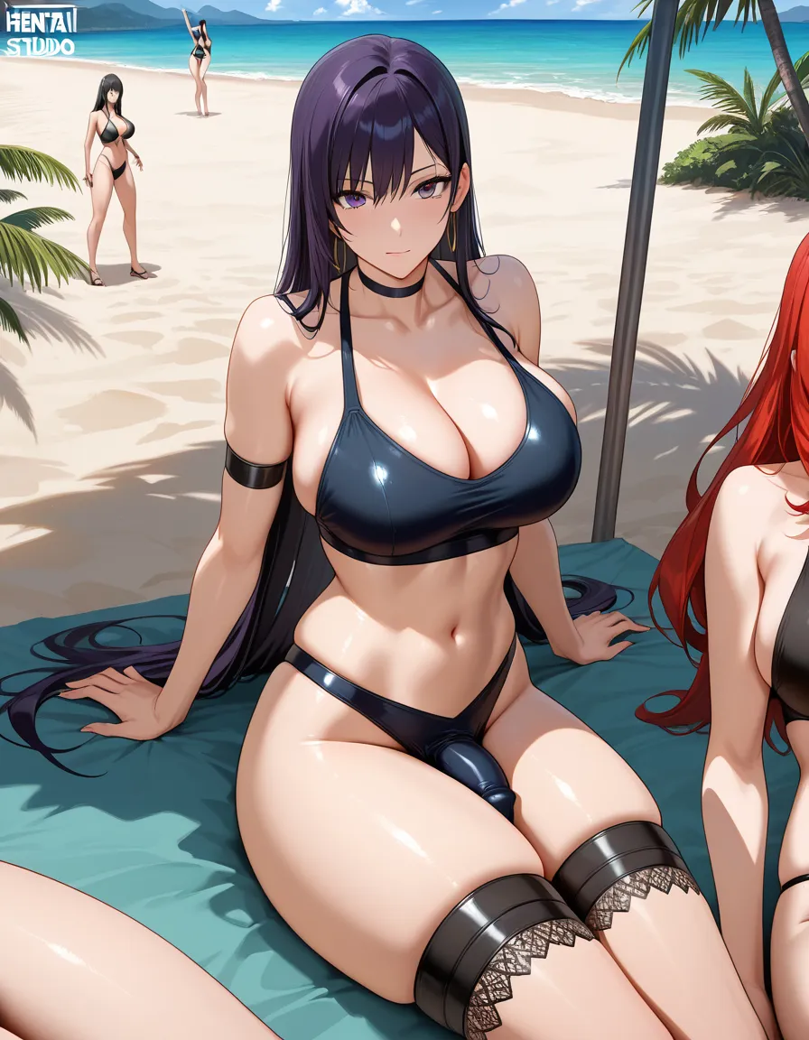 absurdres, highres, 3girls, futanari, skindentation, beach, doujin style, hentai_studio_quality