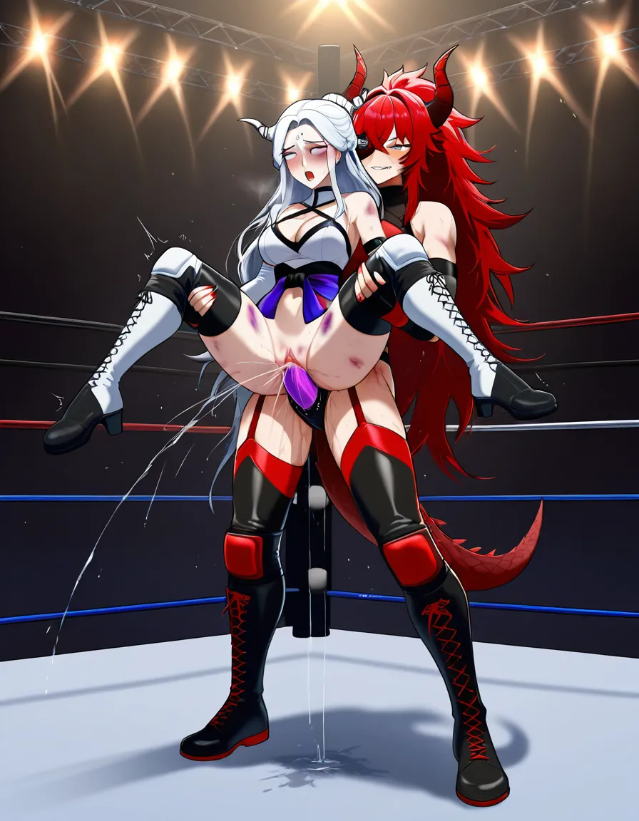 Salem_(rwby)_white_hair , zentreya_(vtuber)_red_hair_dragon_horns , 2girls yuri sex , wrestling_ring, wrestling orgasm pussy_juice, defeated, squirting , bruised, strap-on vaginal standing_sex suspended_congress_position facing_another legs_around_waist eye_contact nude sweat scratches, grabbing_another's_ass runny_makeup, hentai_studio_quality, hentai_studio_quality