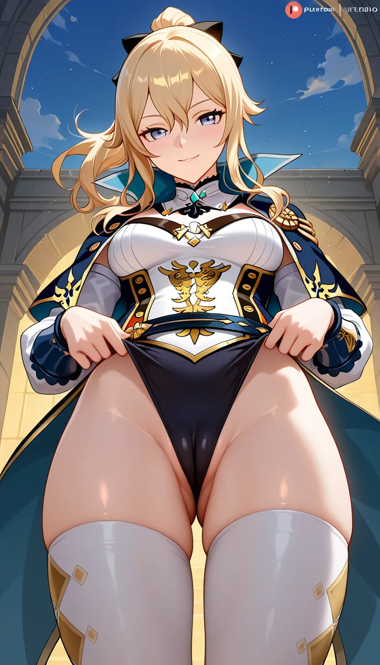 Masterpiece, Genshin Impact style, 1girl, Jean,coutfit, petite, cameltoe, Seductive smile.,,, hentai_studio_quality,,,,, hentai_studio_quality