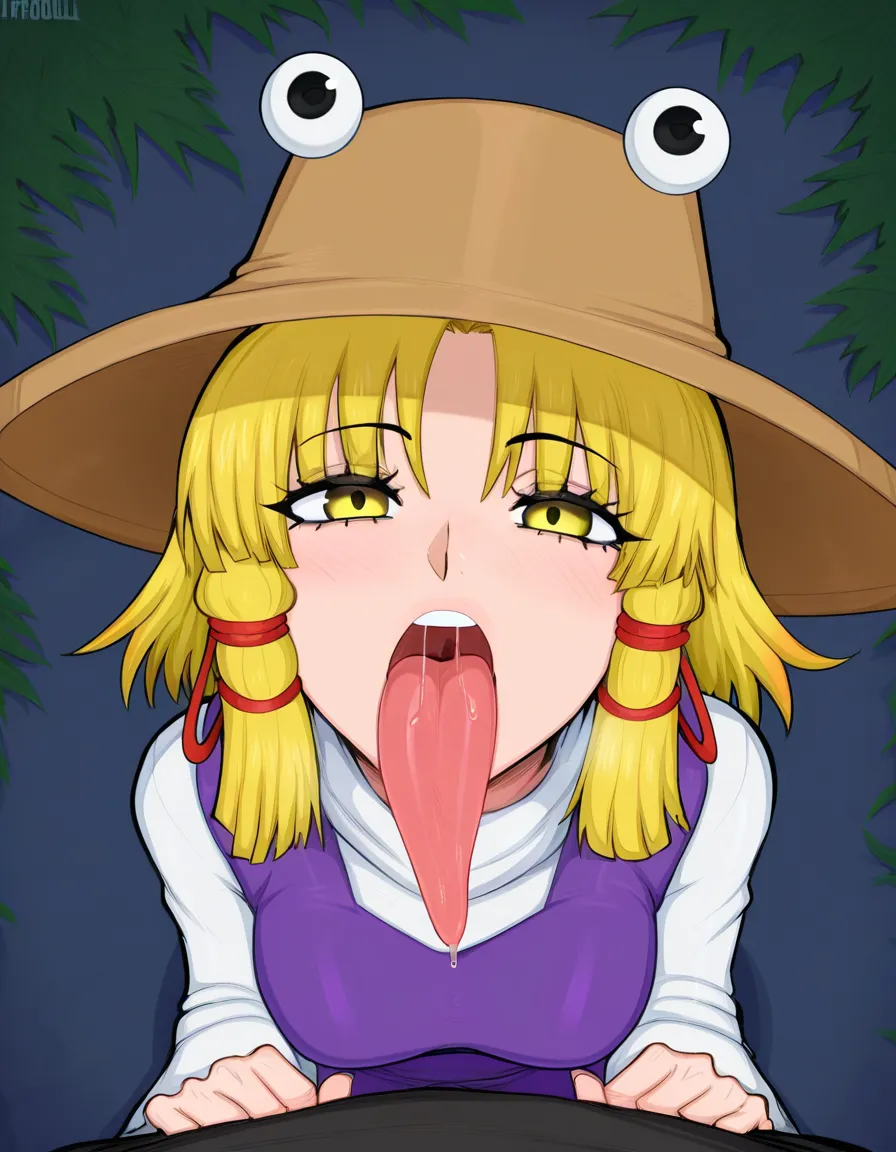 afrobull_artstyle, @moriya_suwako, 1girl, aged_up, medium_breasts, long_tongue, very_long_tongue, tongue_out, saliva, drooling, looking_up, looking_at_viewer, eye_contact, from_above, pov, (anime style:1.3), 2d, anime screencap, cel shading, flat color, @00osamio00
