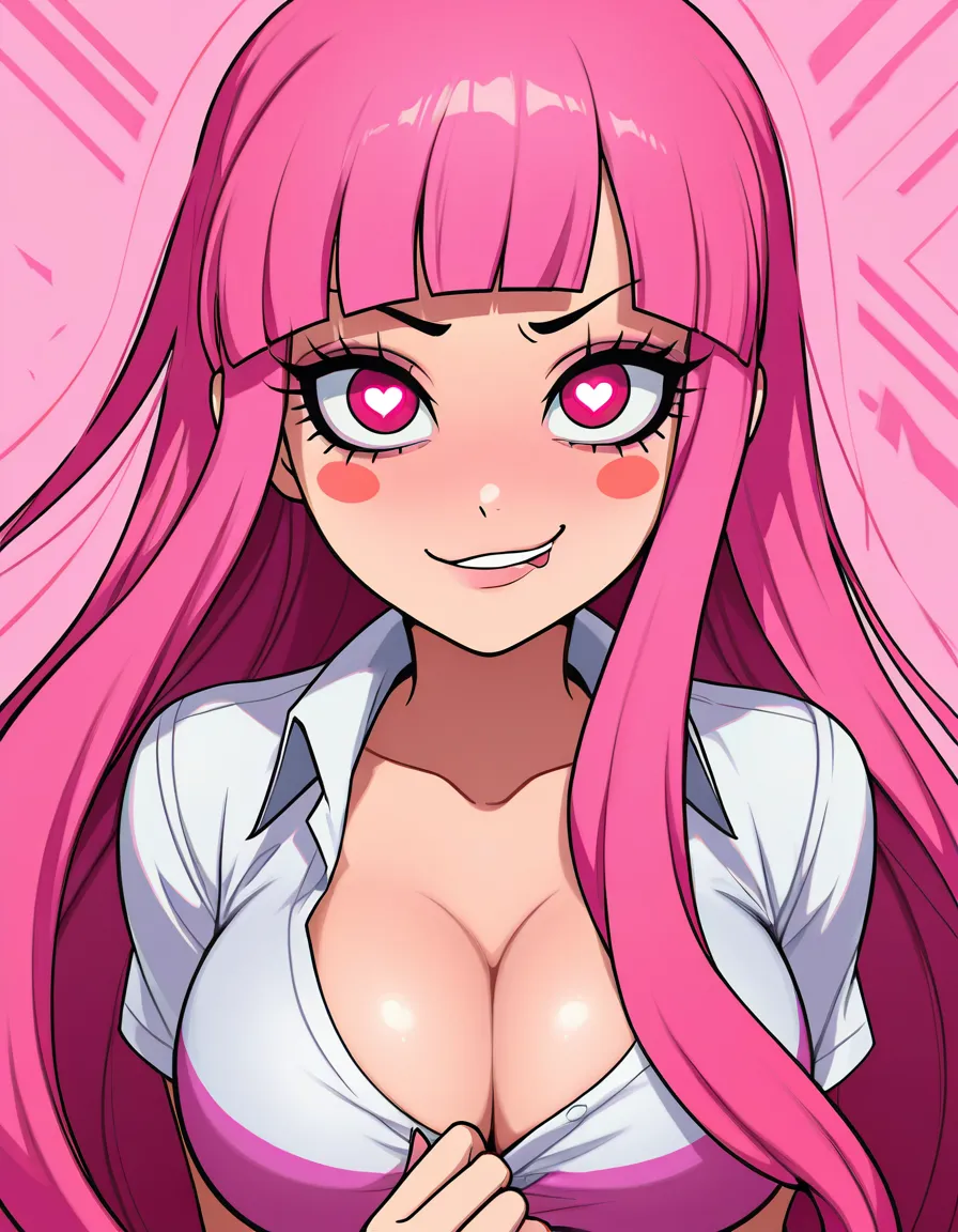 official_art, @giffany, gravity_falls 1girl, solo, clothed, pink_hair, blunt_bangs, blush_stickers, sidelocks, very_long_hair, hair_down, pink_eyes, round_face, round_eyes, naughty_face, heart-shaped_pupils, large_breasts, cleavage, school_uniform, serafuku, striped_collar, rainbow_sailor_collar, pleated_skirt, aqua_skirt, white_shirt, white_thighhighs, pink_shoes, full_body, looking_at_viewer, eye_contact, pov, against_glass, hands_on_glass, sky_background, hentai_studio_quality