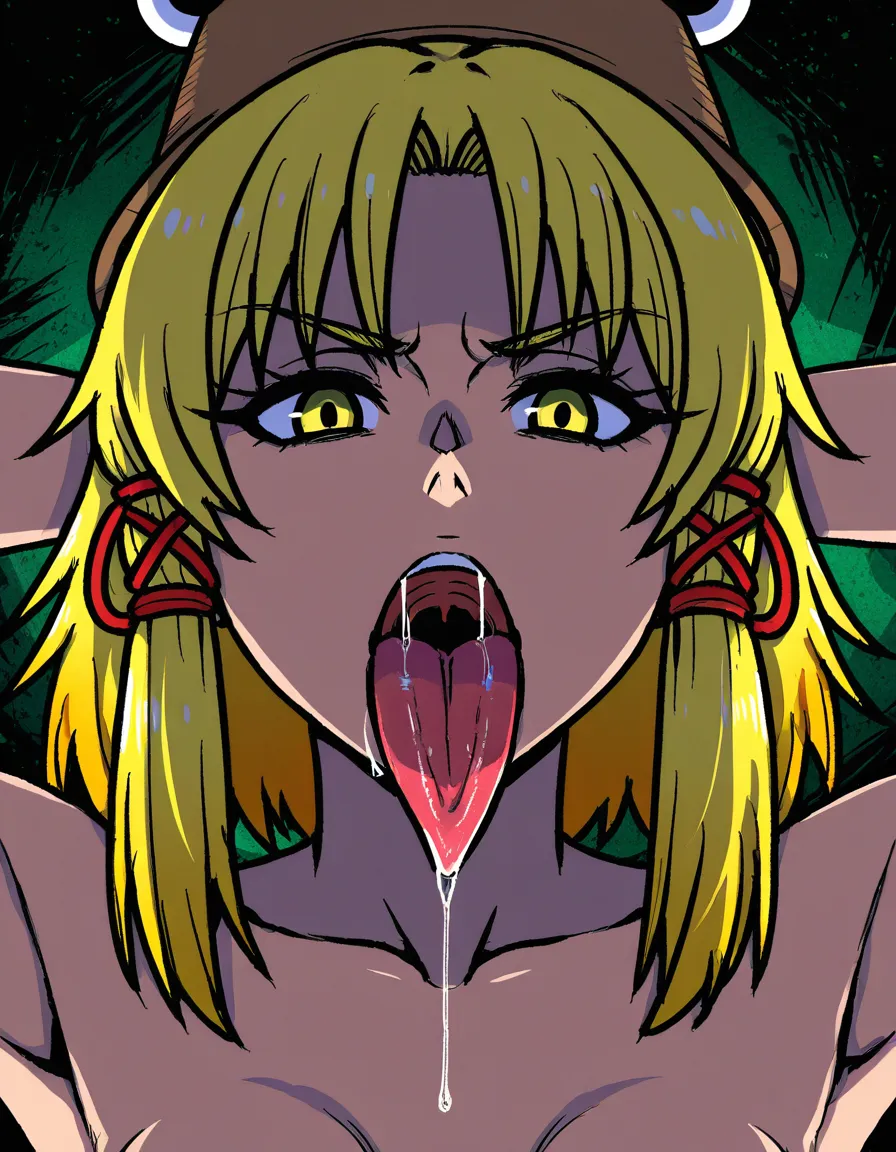 akairiot_artstyle, @moriya_suwako, 1girl, solo, blonde_hair, short_hair, aged_up, small_breasts, arms_behind_head, serious, open_mouth, tongue_out, very_long_tongue, saliva, drooling, dripping, looking_at_viewer, from_front, standing, full_body, (anime style:1.3), 2d, anime screencap, cel shading, flat color, @00osamio00