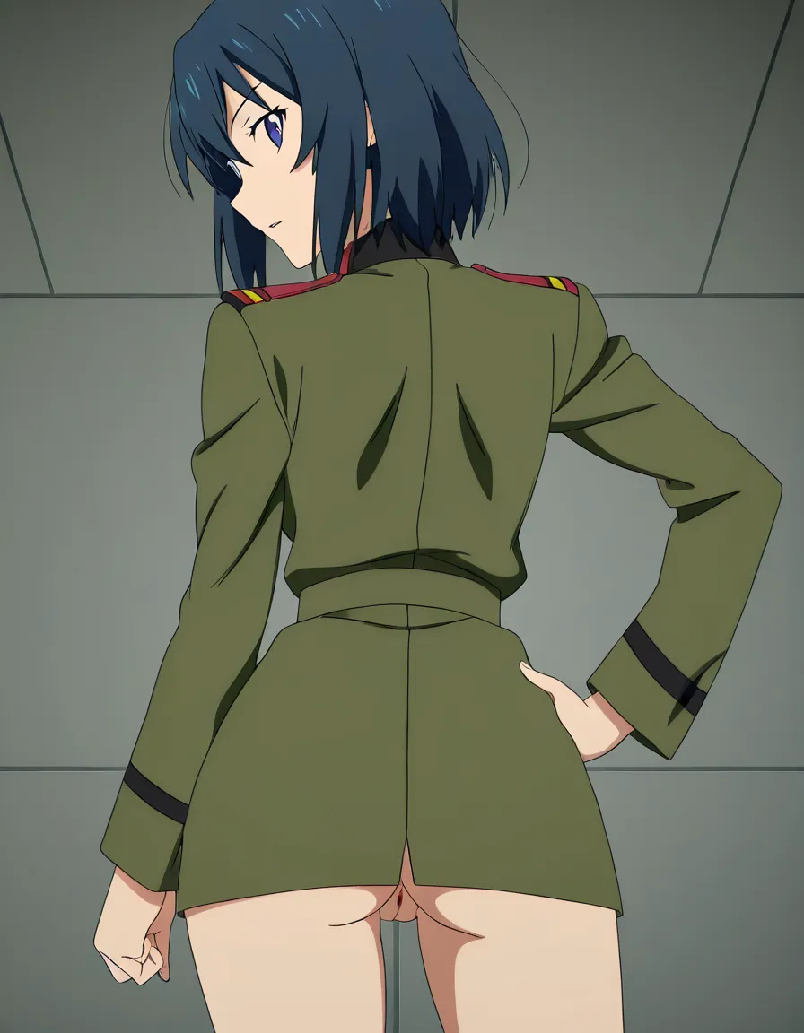 Make a anime girl in a military uniform bending over at the hips looking back at you showing her pussy no pants on also make her standing partially standing side ways (anime style:1.3), 2d, anime screencap, cel shading, flat color, hentai_studio_quality, hentai_studio_quality, (anime style:1.3), 2d, anime screencap, cel shading, flat color, (anime style:1.3), 2d, anime screencap, cel shading, flat color, @00osamio00, score_9, score_8, 3d render, octane render, subsurface scattering, ray tracing, smooth shading