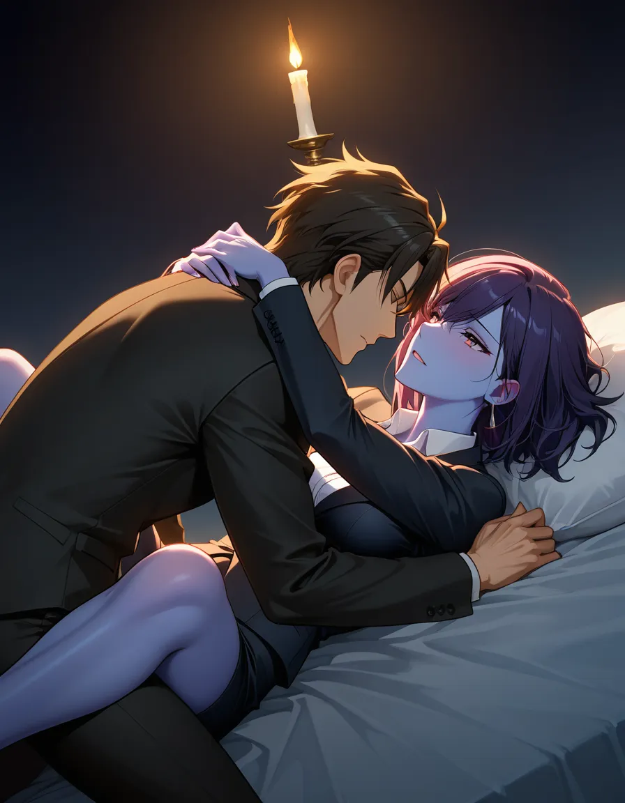 ultra HD, lifelike, office lady, colored skin, jacket, missionary, gradient background, candlelight, cinematic anime, hentai_studio_quality